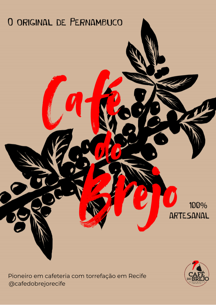 Ilustração de uma marca de café, no centro está escrito 'Café do brejo' em vermelho, ao fundo há um pé de café, e a legenda dizendo que o café é 100% artesanal