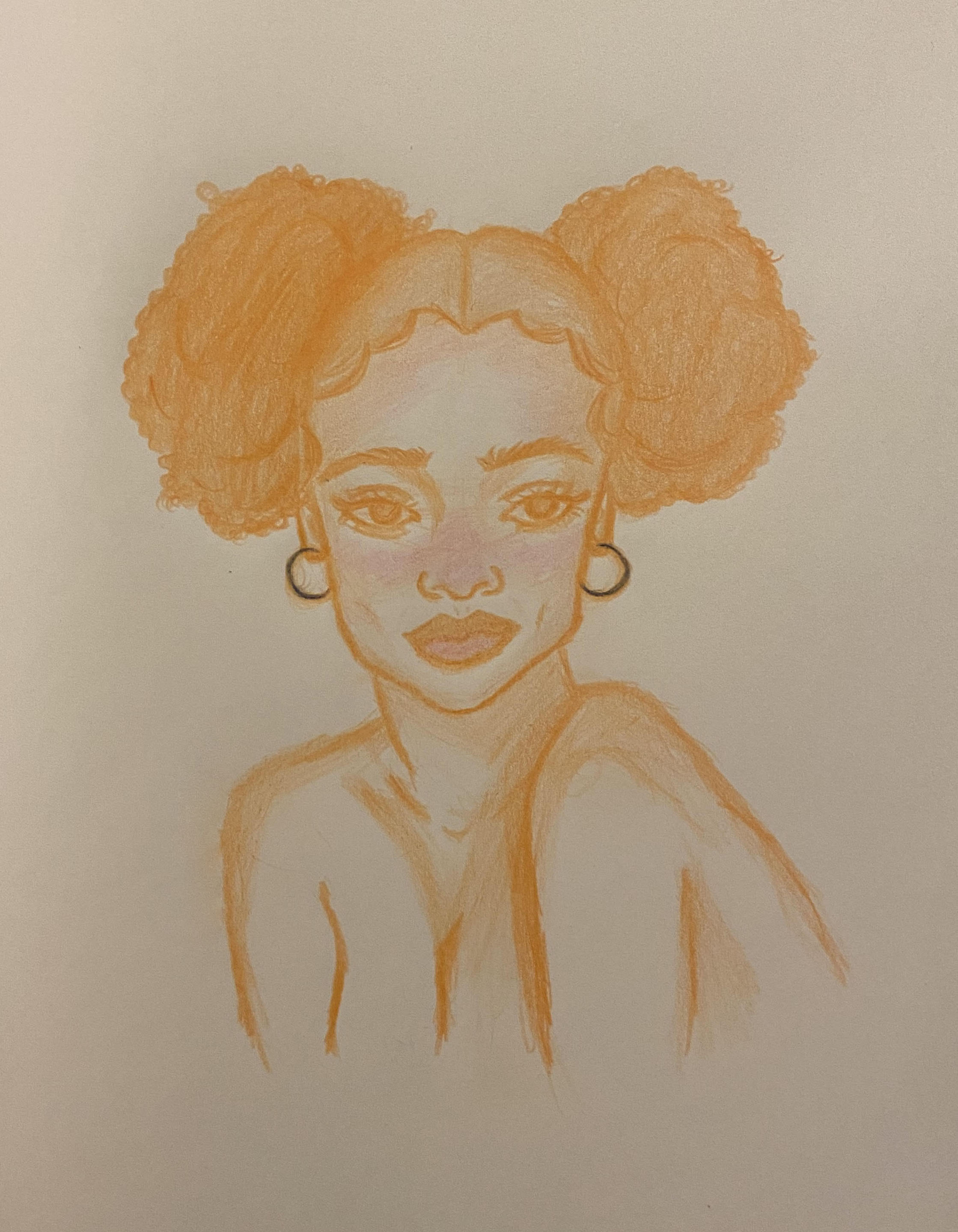 Desenho de uma menina negra com lapis amarelo e dois brinmcos de argola em ambas as orelhas