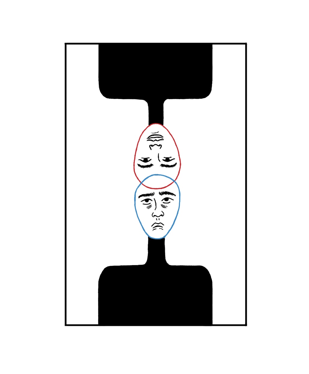 Ilustração de dois desenhos, o desenhos de cima e um ser que esta de cabeça para baixo o contorno de seu rosto é vermelhos e ele esta feliz, o desenhos de baixo e um ser que esta de cabeça para cima o contorno de seu rosto é azul e ele esta triste