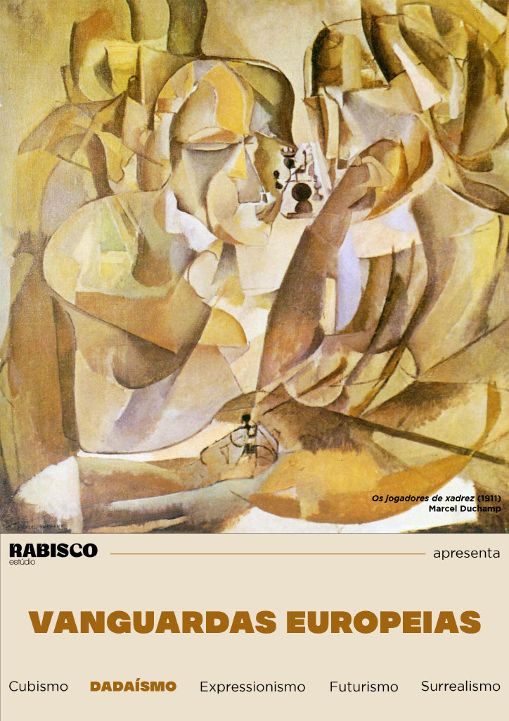 Capa do folheto que ensina sobre as vanguardas europeias e o dadaismo, na capa a arte 'Os jogadores de xadrez'de Marcel Duchamp