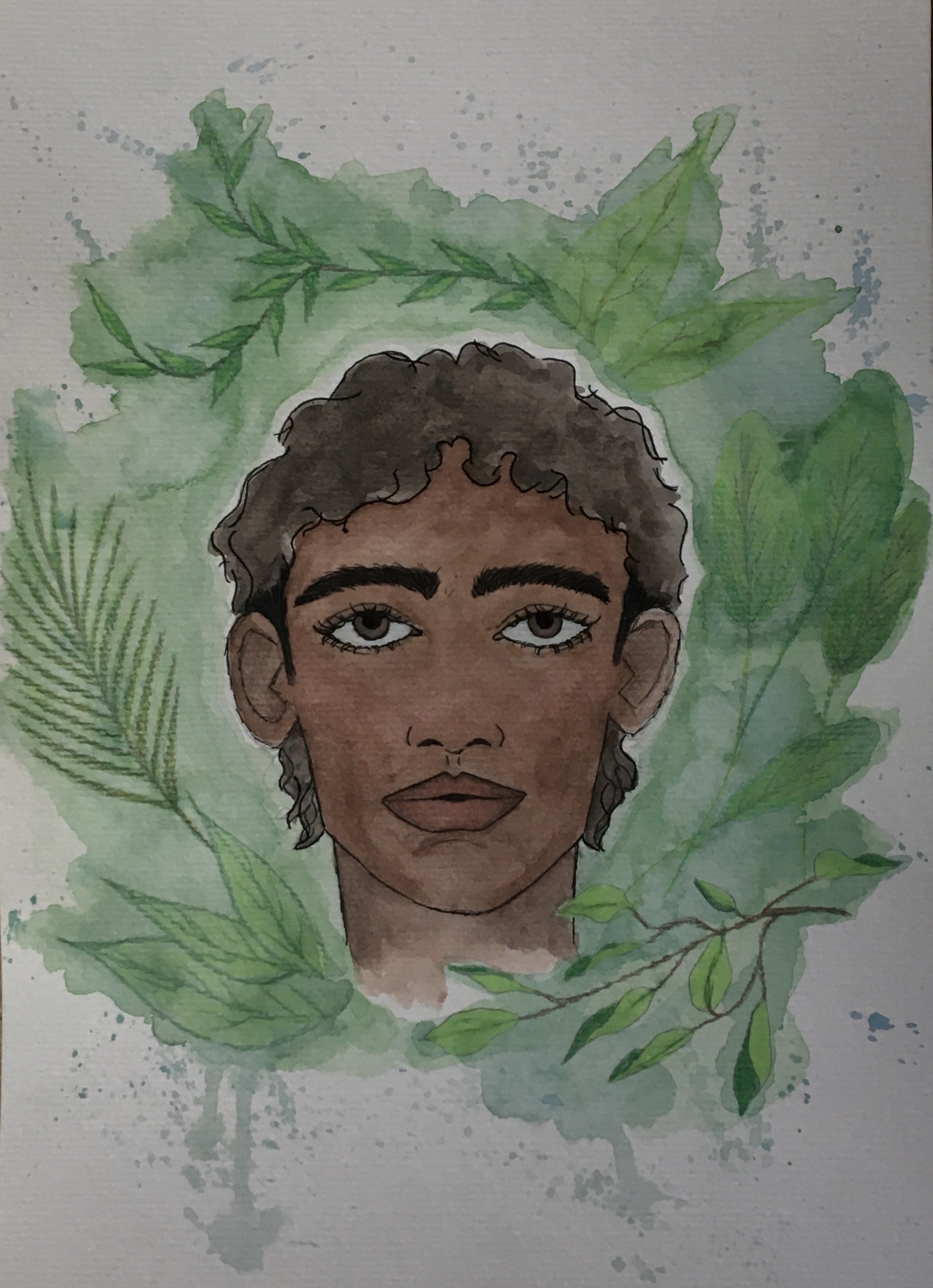 Desenho de aquarela onde no centro há um homem moreno de cabelho castanho e em sua volta a diversos tipos de plantas para complementar o fundo verde 